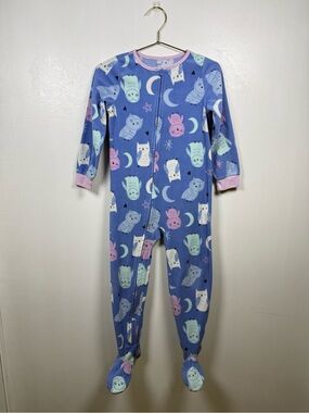 Carter’s Girls Fleece Footed Pajamas 6/6A Owl Moon Print Blue Pink Zip One Piece